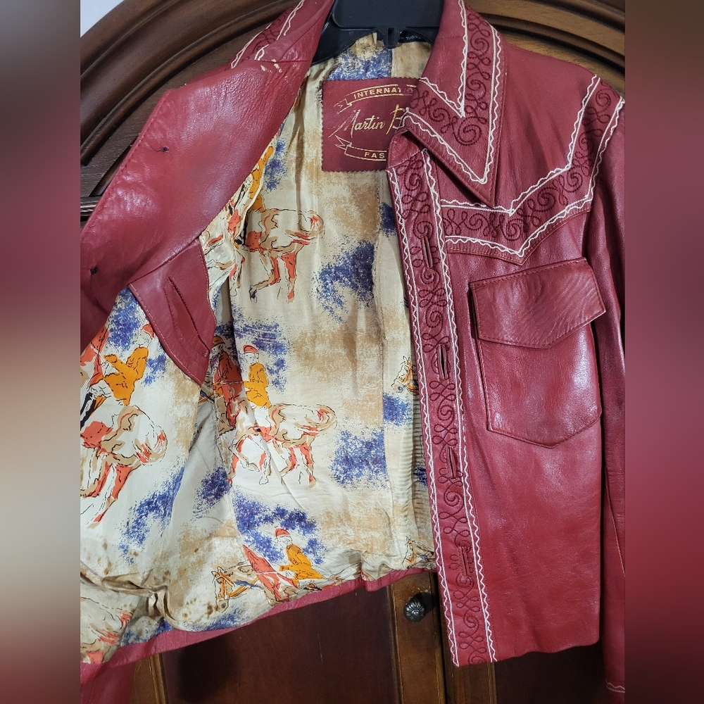 Vintage 70's Martin Bernard Red Embroidered Lined Leather Jacket